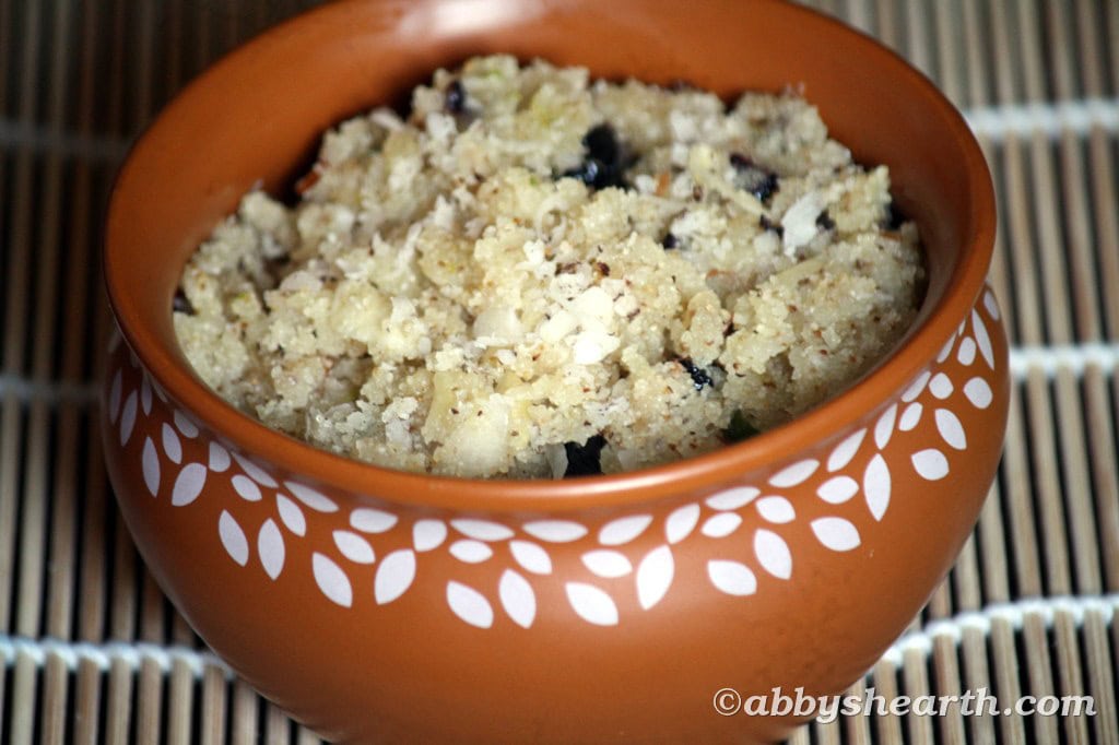Delicious Sojee Halwa with nuts served in a traditional clay bowl.