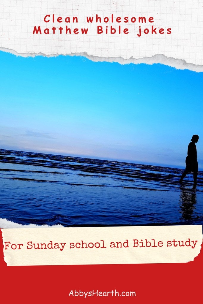 Silhouette of a person walking on the beach with a blue sky and ocean in the background for Matthew Bible jokes.