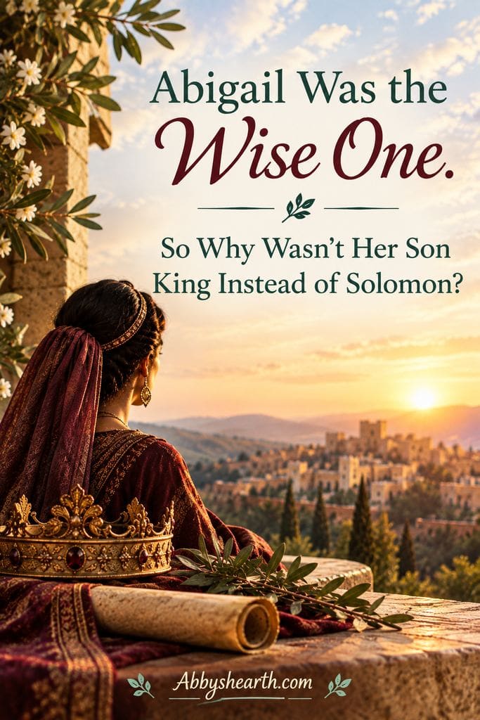 King David's wife in ancient attire overlooking a sunset over a cityscape, symbolizing wisdom and reflection.