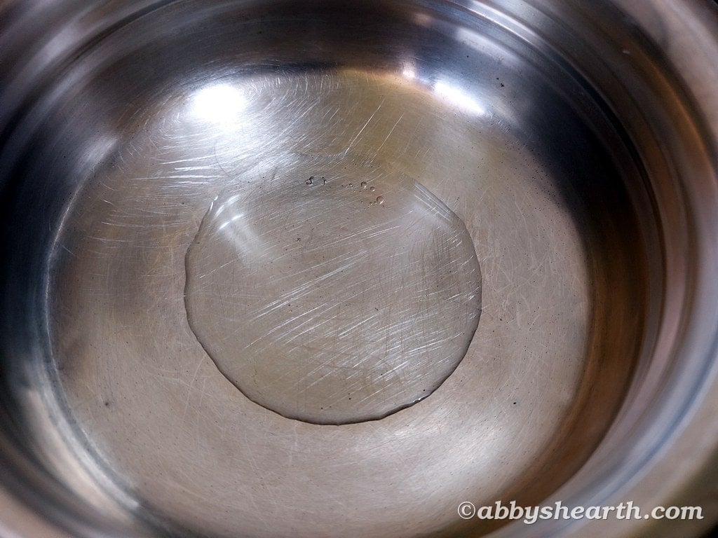 Stainless steel pot with a small amount of oil in the center.