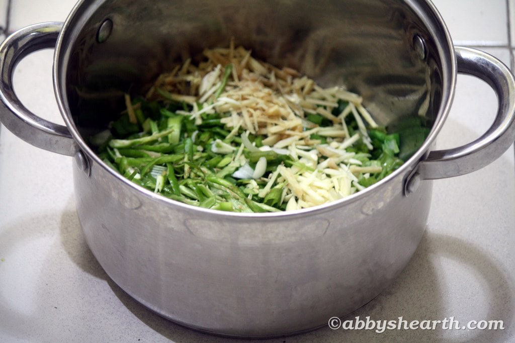 Ginger, garlic and chilli slivers added to the pot.