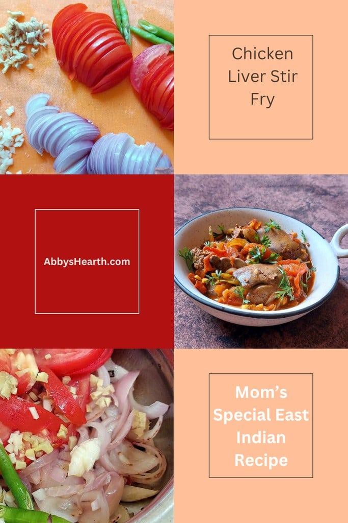 Delicious chicken liver stir fry with vegetables on a white bowl.