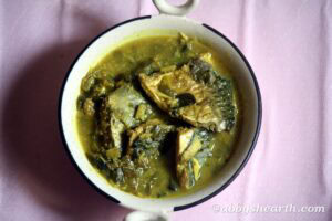 Green curry of palla/hilsa/illish fish in a beige dish.