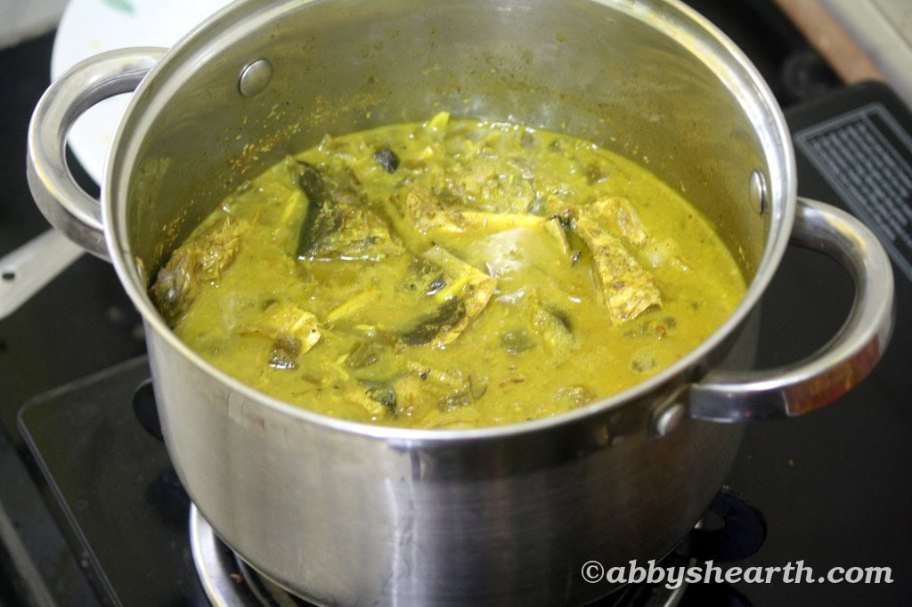 Freshly cooked palla/illish/hilsa khujit curry in a pot.