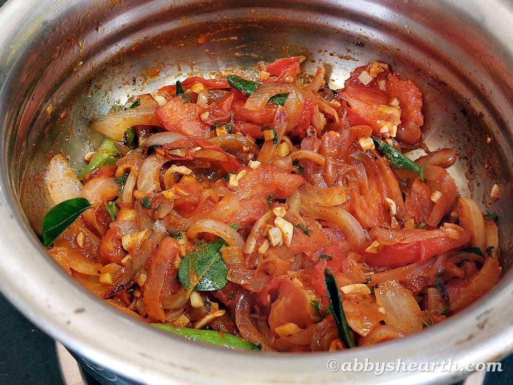 Cooking after the bottle masala is added.