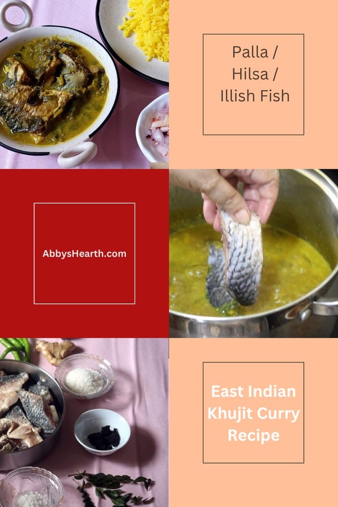 Finished and process images of hilsa/palla/illish fish khujit curry.