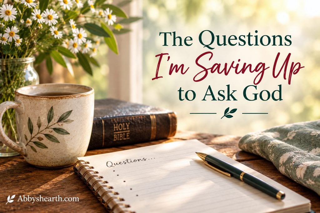 Notebook with questions, Bible, and pen on a wooden table with flowers in background.