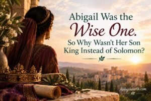 Depiction of Abigail, David's wife in the Bible, overlooking a city at sunset with a crown and scroll.