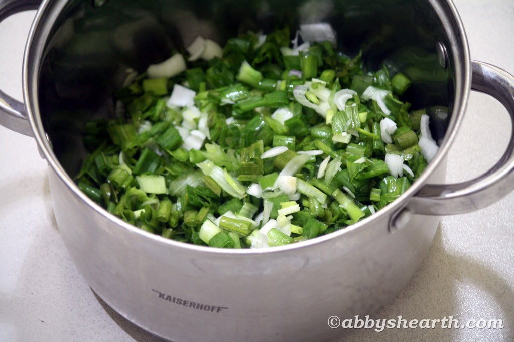 Chopped spring onion in a pot.
