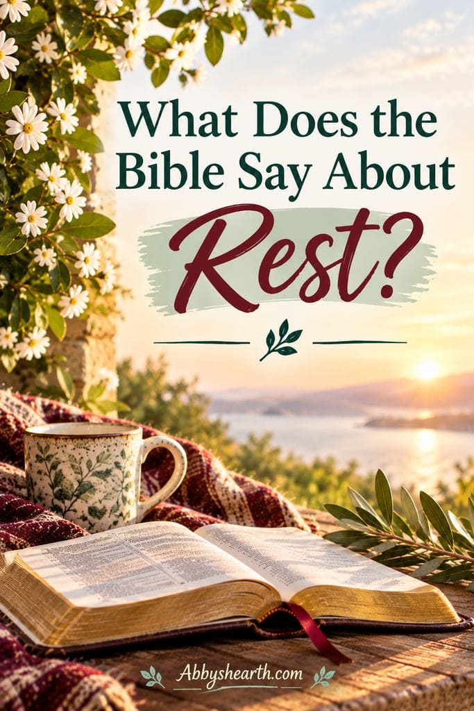 Open Bible and coffee cup with flowerviness and sunset, about biblical rest and faith.