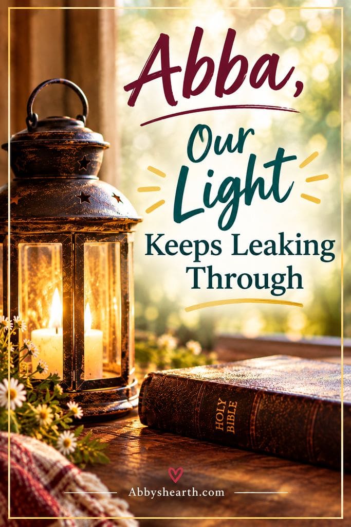Lantern, Bible, and flowers on a wooden table with sunlight background.
