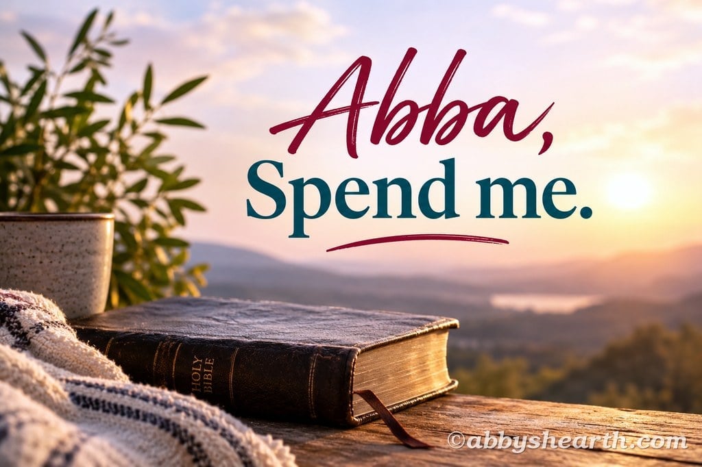Prayer text 'Abba, Spend Me' with scenic sunset background.