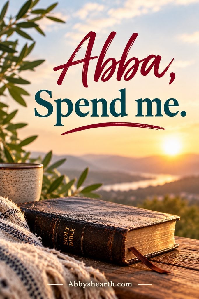 Sunset over mountains with Bible and coffee cup for prayer with text "Abba, spend me'.