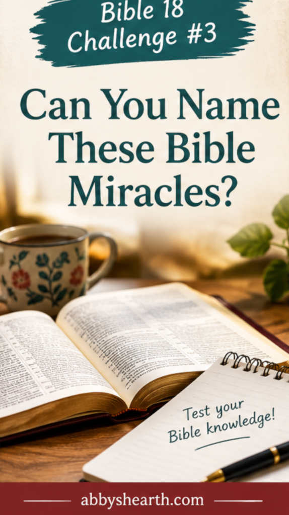 Open Bible with a coffee cup and notepad for Bible knowledge test.