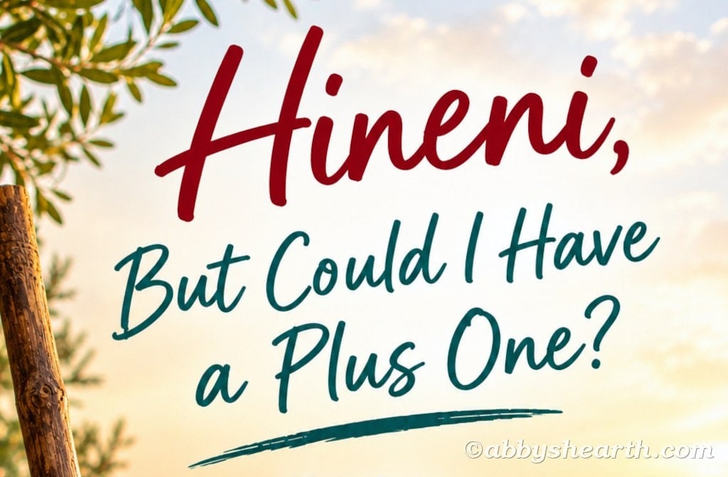 Text "Hineni, but with a plus one", with a sunset background and tree.