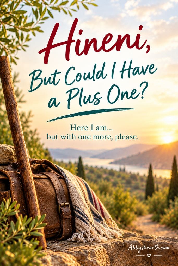 Scenic landscape with sunset, backpack, and shawl for "Hineni with a plus one" post.