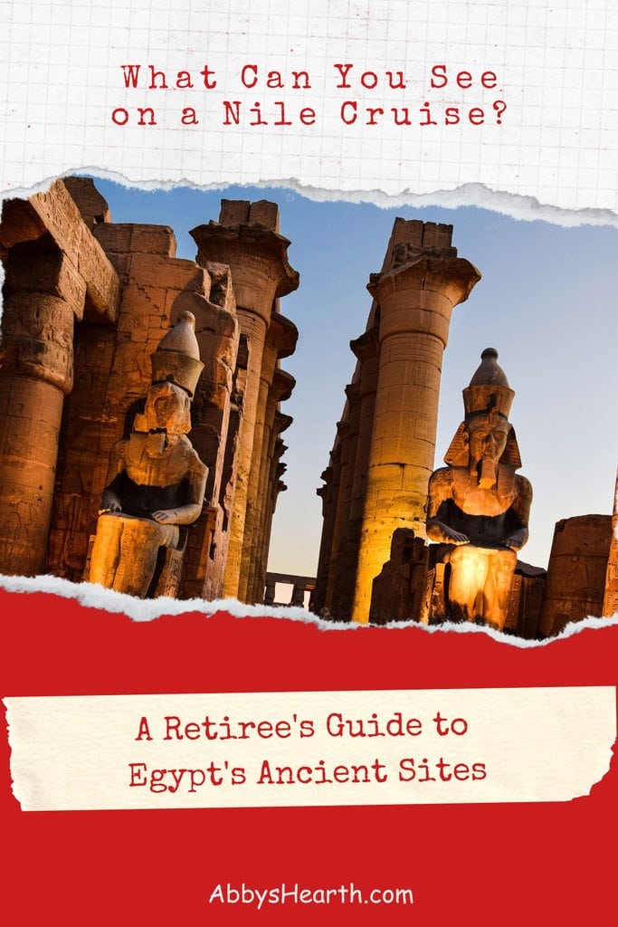 Sunset view of ancient Egyptian columns and statues at a historical site.