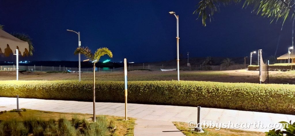 Diu sign and Diu coastline at night with streetlights and palm trees.