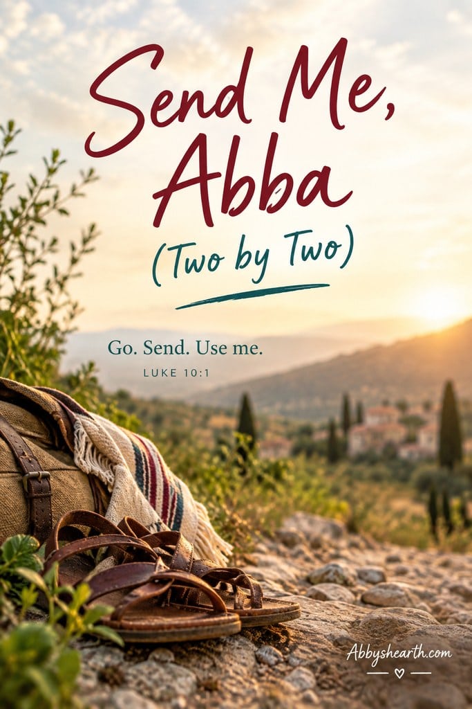 Bag, sandals and coat ready against a landscape, symbolizing sending and faith.