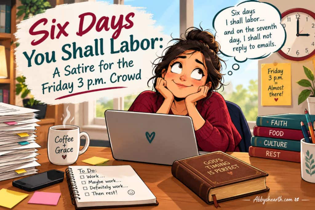 Illustration of a girl working at a desk with a sign about six days of labor satire.