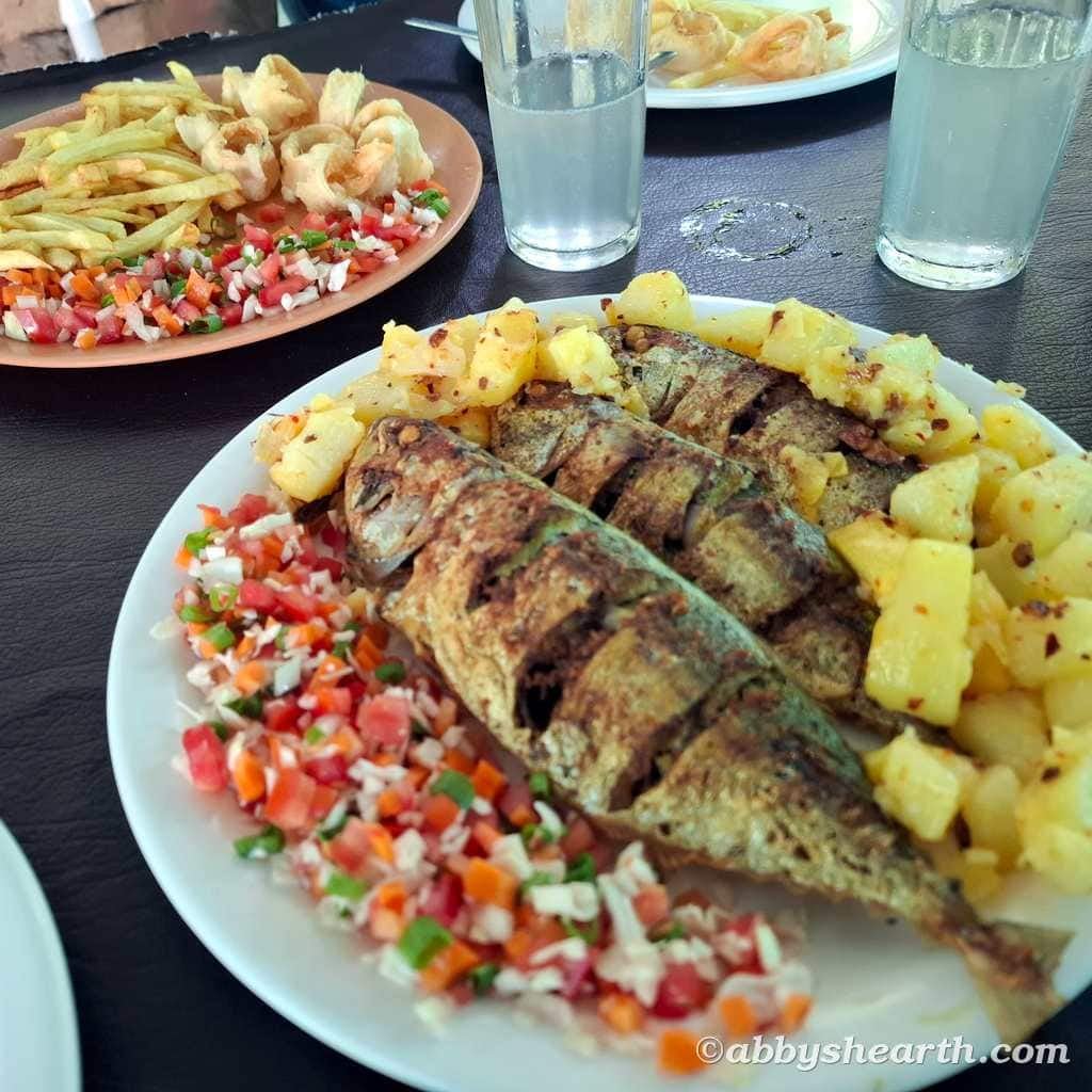 Delicious grilled mackerels served with cubed potatoes and fresh vegetable, fried squid rings, and salad on 3 plates.