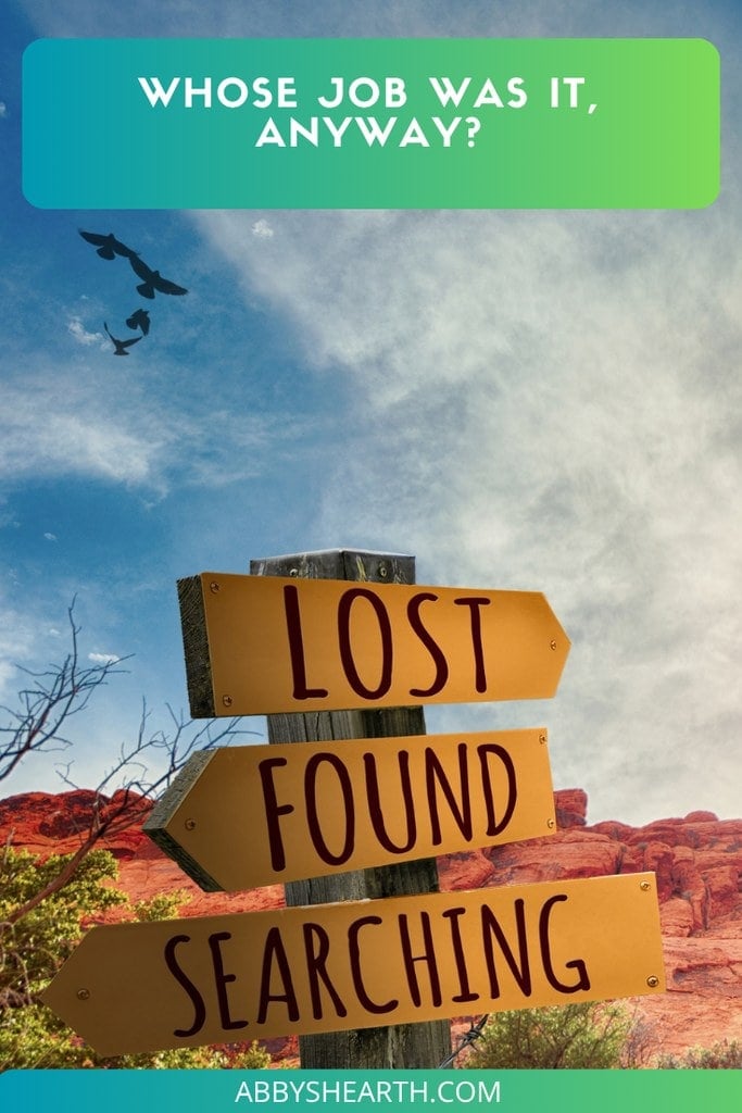 Signpost with 'Lost', 'Found', and 'Searching' in a desert landscape.